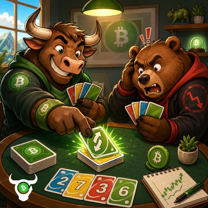 A cheerful bull and an alarmed bear play a crypto-themed card game at a table, with the bull holding colorful cards and flipping a green UNO-style reverse card while Bitcoin symbols, a "B" logo, and a rising green chart are visible around them. The image humorously illustrates the post's playful question about when the BCH Bull will deploy the reverse card against the bearish downturn.