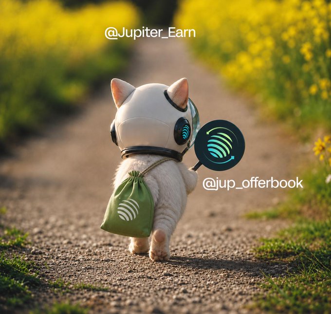 A white cat wearing a futuristic helmet walks down a country path, carrying a green bag with the Jupiter logo and a magnifying glass displaying the Jupiter token symbol, with text reading '@Jupiter_Earn' and '@jup_offerbook'.