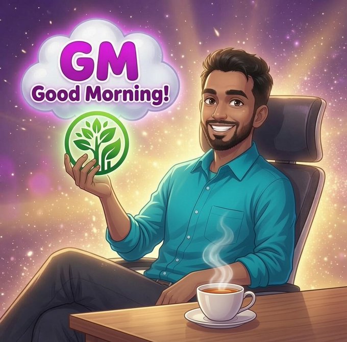 A cartoon-style illustration shows a smiling man in a blue shirt holding up a green plant logo, with a 'GM Good Morning!' speech bubble above and a steaming coffee cup beside him.