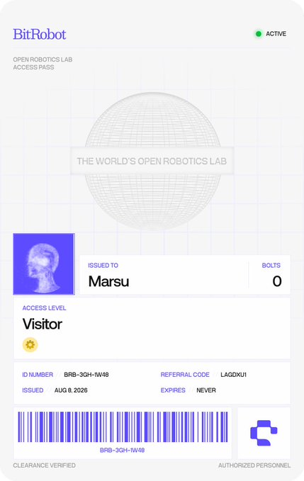 A digital "BitRobot" access pass labeled "OPEN ROBOTICS LAB" is issued to "Marsu" with "ACCESS LEVEL Visitor," "BOLTS 0," and ID "BRB-3GH-1W48," marked "ACTIVE" and "CLEARANCE VERIFIED."