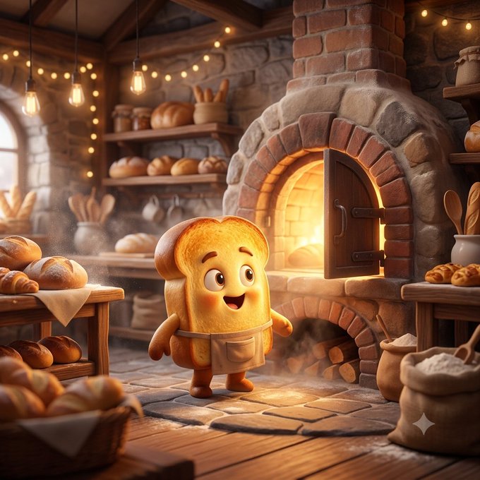 A charming cartoon slice of bread wearing an apron stands smiling in a rustic stone bakery filled with freshly baked loaves, glowing string lights, and a warm brick oven.