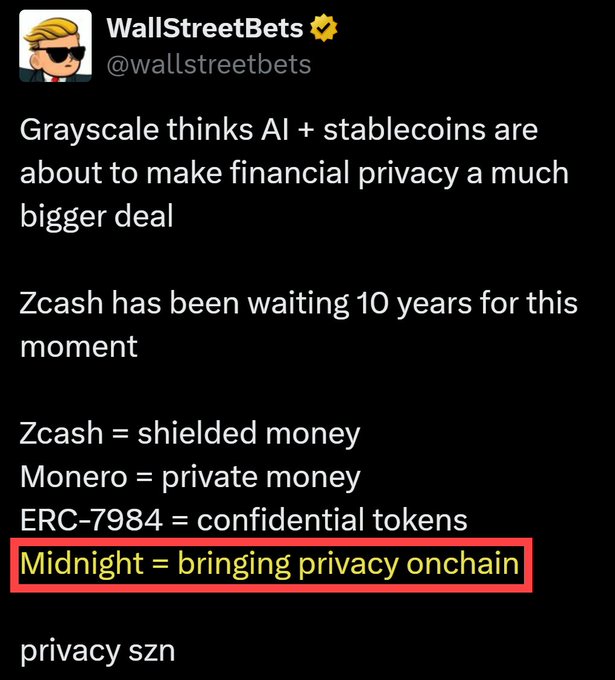 A tweet from WallStreetBets (@wallstreetbets) stating 'Grayscale thinks AI + stablecoins are about to make financial privacy a much bigger deal' and listing privacy-focused cryptocurrencies, with 'Midnight = bringing privacy onchain' highlighted in a red box.