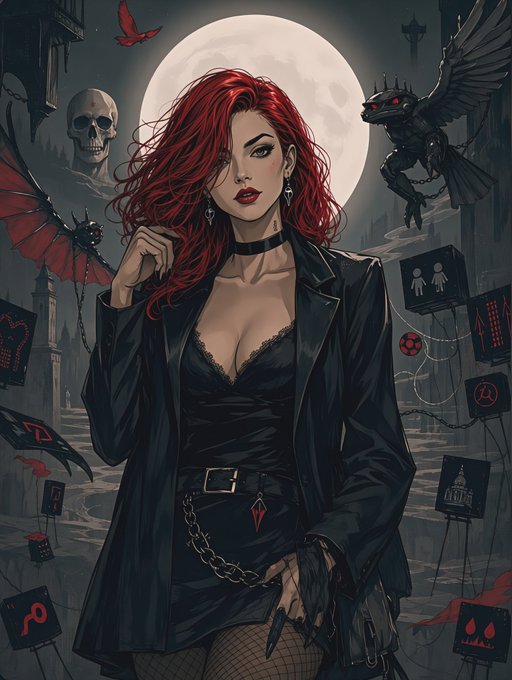 A gothic-style digital illustration of a red-haired woman in a black outfit, standing before a full moon with gargoyles, bats, a skull, and various occult symbols scattered in the background.
