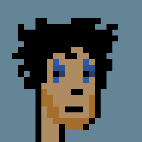 A pixel-art portrait of a character with dark curly hair, a tan face, and striking blue eyes set against a blue background. The image likely represents a CryptoPunk-style NFT character, fitting the post about burning 20 CryptoPunk NFTs to slightly increase everyone's chances for the Mancer draw.