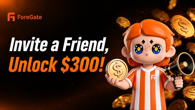 A ForeGate advertisement features a cartoon mascot in an orange and white striped shirt holding a megaphone and a gold coin, with the text 'Invite a Friend, Unlock $300!'