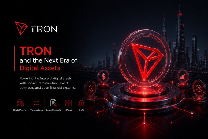 A promotional graphic for TRON titled "TRON and the Next Era of Digital Assets" describes powering digital assets with secure infrastructure, smart contracts, and open financial systems.