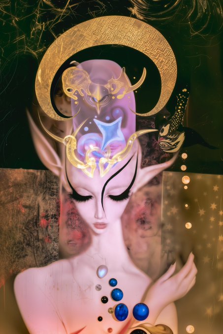 The digital artwork titled "The State of Mind After the Pact #3" depicts a serene, pale-skinned female figure with pointed ears and closed eyes, adorned with a large golden crescent moon halo and a glowing purple skull-like structure on her forehead, while floating blue and black orbs rest on her chest.