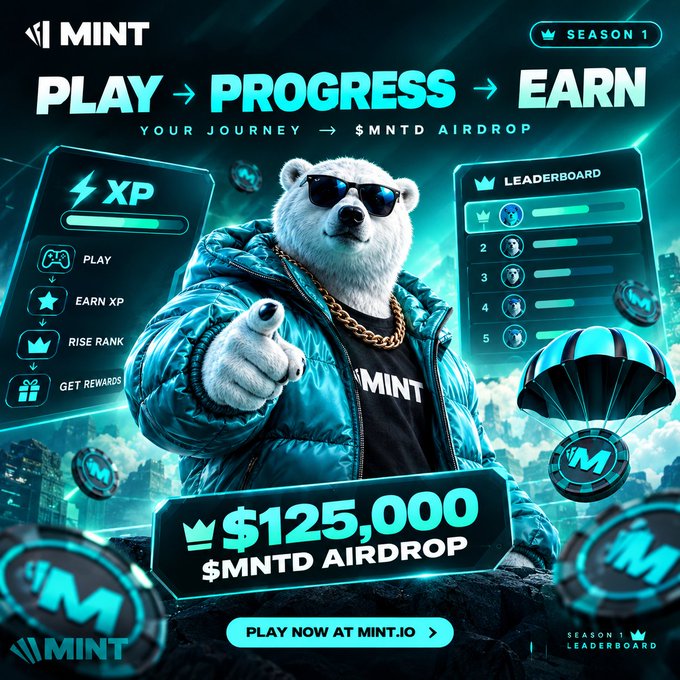 A cool polar bear mascot in sunglasses and a teal puffer jacket points at the viewer, flanked by an XP/Play-Earn XP-Rise Rank-Get Rewards menu and a Season 1 leaderboard, promoting the $125,000 $MNTD airdrop at MINT.io. The image visually reinforces the "PLAY → PROGRESS → EARN" loop described in the caption, showing how gameplay translates into XP, leaderboard ranking, and token rewards.