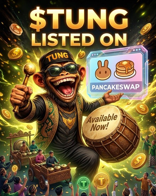 The image features a cartoon monkey holding up a sign that says "Pancakeswap" with a picture of pancakes, and it also has text that reads "WAKE UP! THE MOVEMENT HAS HIT PANCAKESWAP Web3 moves fast, but we are building this on a foundation of absolute trust.!" The image is related to the post because it promotes PancakeSwap, an online marketplace for buying and selling digital assets like web3 coins.