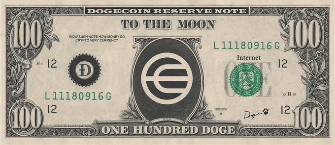 A 100 dollar bill features an image of a black and white dogecoin symbol, and it says "To The Moon" below. The bill states that it was printed by the government of Japan and is backed by real humans with the goal of being built for the AI era.