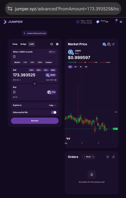 A screenshot of the Jumper.xyz cryptocurrency trading interface showing a swap of 173.393525 USDC to ETH, with a market price chart for USDC and a USDC balance of $0.999597.