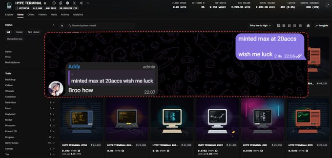 The HYPE TERMINAL NFT marketplace showing a trade notification from 'Addy' who minted a 'max at 20accs wish me luck' for 22.07.