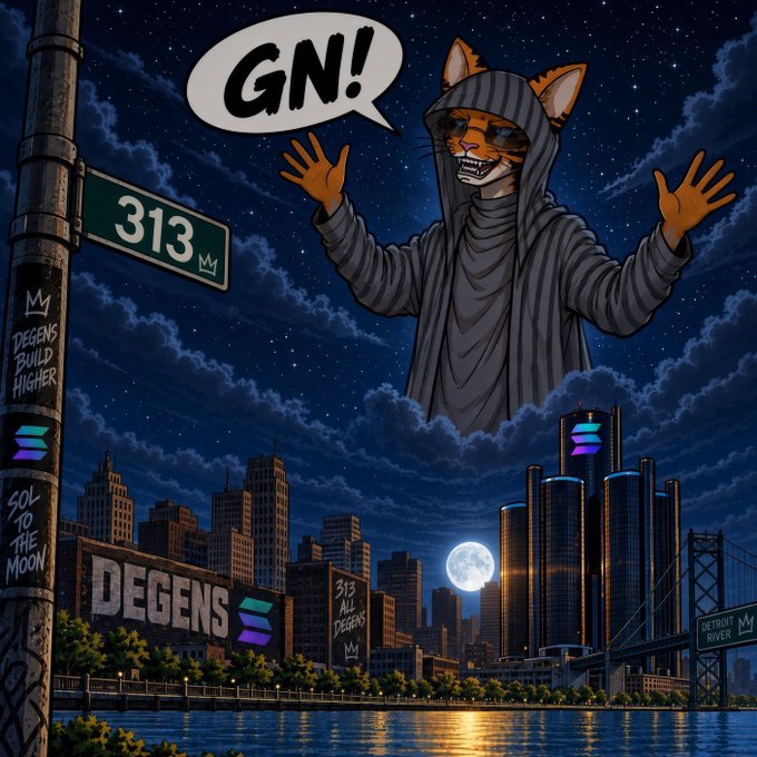 A hooded tiger mascot looms over a nighttime cityscape with a Detroit skyline and bridge, shouting "GN!" in a speech bubble. The scene is filled with crypto-themed street art reading "DEGENS BUILD HIGHER," "SOL TO THE MOON," "313 ALL DEGENS," and a "DETROIT RIVER" sign, fitting the post's "Good Night" sendoff to fellow degens.
