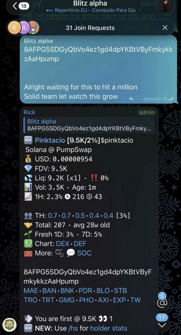 A Telegram chat interface shows a message about 'Blitz alpha' with crypto token details, including a contract address and stats for 'Pinktacio' on Solana PumpSwap, displayed against a dark background with snowflake patterns.