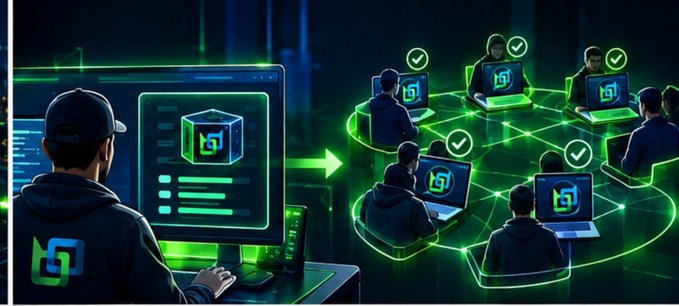 A digital graphic showing a hooded figure working at a computer displaying a logo, with green arrows connecting to multiple other figures at computers in a network, all marked with green checkmarks.