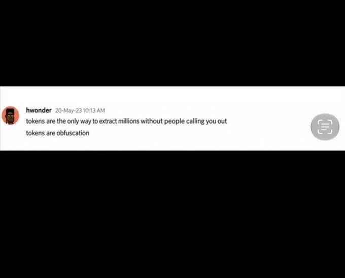 A screenshot of a social media comment from user 'hwonder' dated 20-May-23 stating 'tokens are the only way to extract millions without people calling you out / tokens are obfuscation'.