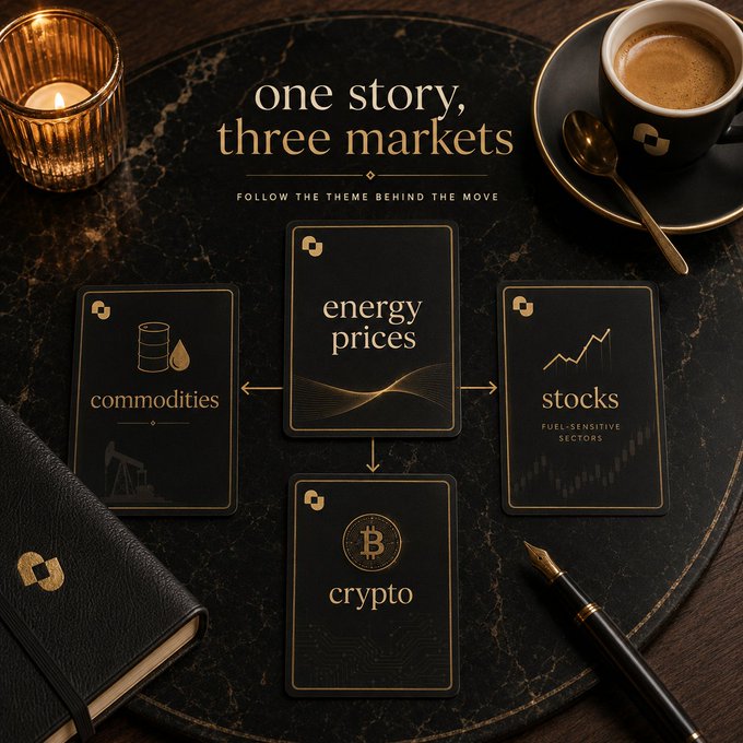 A stylized marketing graphic titled 'one story, three markets' with the tagline 'FOLLOW THE THEME BEHIND THE MOVE,' illustrating interconnected cards for commodities, energy prices, stocks, and crypto arranged on a dark marble surface with a coffee cup and notebook.