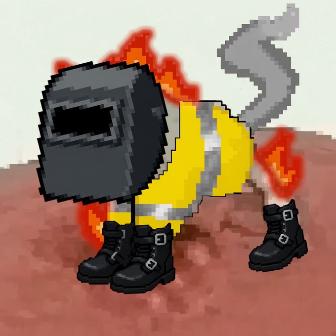 A pixel-art bee wearing black combat boots is shown on fire in a desolate landscape, symbolizing the "low quality" meme aesthetic referenced in the post. The image pairs with the caption to humorously hype the $LQC token and tag @Lowqltcat.
