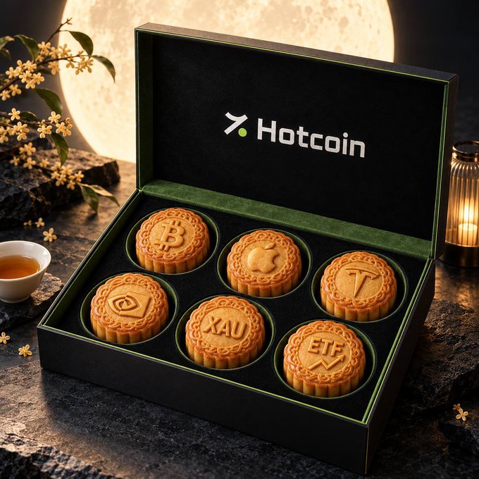 Hotcoin advertisement showing mooncakes stamped with cryptocurrency logos (Bitcoin, XAU, ETH, etc.) arranged in a luxury green gift box.