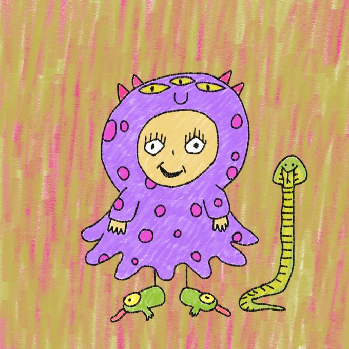 A colorful crayon-style drawing of a smiling child in a purple spotted monster costume with horns, standing next to a green snake, with green frog shoes on its feet.