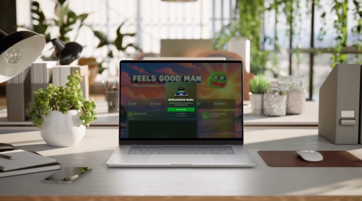 A modern desk setup shows a laptop displaying a site with the text 'FEELS GOOD MAN' and 'SFEELSGOOD Radio' alongside a Pepe the Frog graphic, surrounded by potted plants and office accessories.