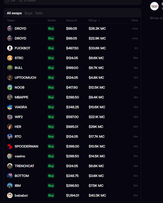 A dark-themed cryptocurrency trading interface showing a list of recent token swaps with columns for Token, Action (all green "Buy" labels), Amount, MCap, and Time, featuring tokens like DROYD, FUCKBOT, STRC, BULL, UPTOOMUCH, NOOB, MBAPPE, VIAQRA, WIF2, HER, RTO, SPOODERMAN, casino, TRENCHCAT, BOTTOM, IBM, and bababoi.