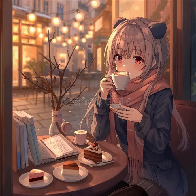 An anime-style illustration of a girl with bear-ear hair accessories drinking from a teacup at a cafe, with books, cake, and pastries on the table.