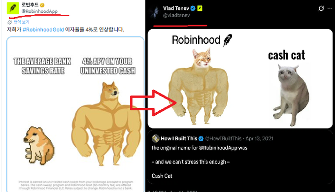 The image is a side-by-side meme comparison showing Robinhood's official "Buff Doge vs. Cheems" ad promoting their 4% APY savings rate on uninvested cash, contrasted with a "Robinhood cash cat" meme (a buff cat and ordinary cat) that originated from @HowlBuiltThis in April 2021. The post suggests $ROBINHOOD token could flip $CASHCAT and reach 10M–50M market cap, using the meme's viral origin as a bullish signal.