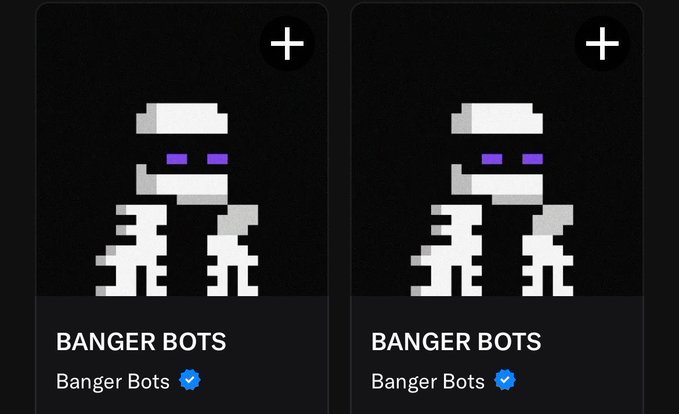 Two identical dark cards display a pixel art robot character with purple eyes, both labeled 'BANGER BOTS' with a verified checkmark and a plus icon at the top.