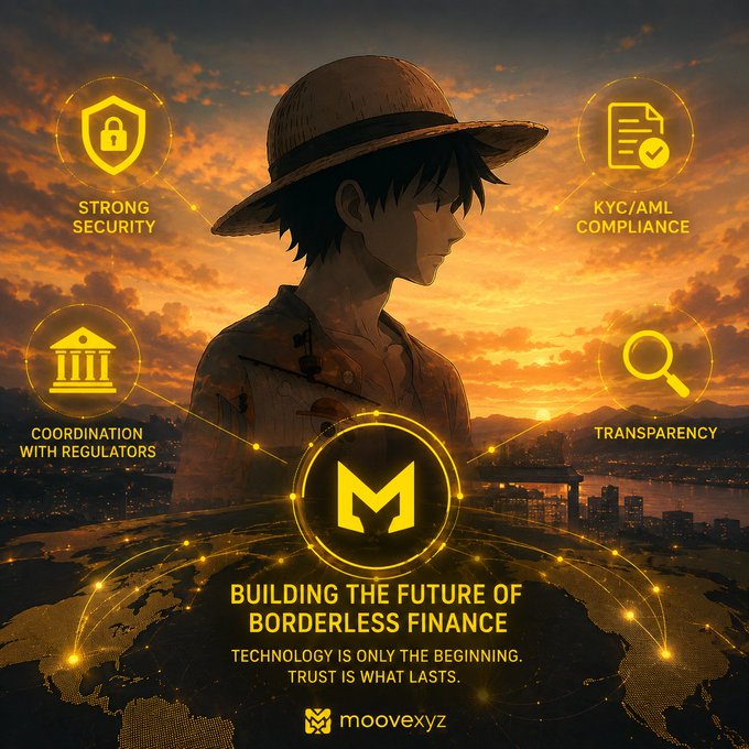 Moovexyz promotional graphic featuring an anime-style character in a straw hat against a sunset cityscape, highlighting 'Strong Security,' 'KYC/AML Compliance,' 'Coordination with Regulators,' and 'Transparency' as pillars of 'Building the Future of Borderless Finance.'