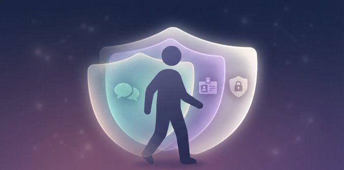 A silhouetted figure walks forward in front of translucent, overlapping shields featuring chat, ID card, and padlock icons against a soft purple and pink gradient background with subtle light particles, symbolizing personal security and identity protection.