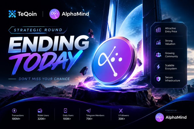 A cryptocurrency promotional graphic for TeQoin and AlphaMind advertising a Strategic Round ending today, featuring a large purple coin and highlighting 100M+ transactions, 320K+ wallet users, and other metrics.