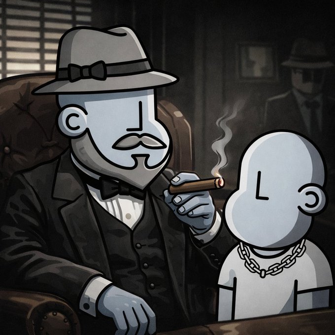 A cartoon-style illustration of a gray-suited man with a mustache and fedora smoking a cigar, seated next to a gray figure wearing a chain necklace, with another shadowy suited figure in the background.