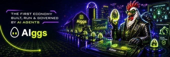 The image features a cartoon chicken holding a green egg while standing next to a building with a sign that says "Algss". The background of the image has neon lights and buildings, creating an urban setting for the scene. The text on the image reads "The first economy built by agents. Algss AI - most people discover new networks after everyone is already talking about them. The interesting opportunities are usually found much earlier. Recently started exploring @AIggsAI - an AI-native farming network where AI Agents can participate, grow Farms, and accumulate EGGS".