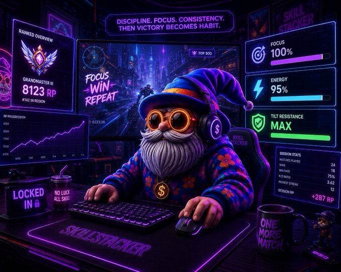 A digital illustration of a gamer wizard with a gray beard, orange glasses, and a purple hat at a gaming setup, surrounded by screens displaying stats like "FOCUS 100%," "ENERGY 95%," and "GRANDMASTER III 8123 RP", with text reading "DISCIPLINE. FOCUS. CONSISTENCY. THEN VICTORY BECOMES HABIT."