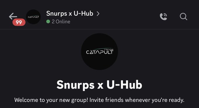 A LINE group chat interface showing a new group called 'Snurps x U-Hub' with 2 Online and a CATAPULT Trade logo, reading 'Welcome to your new group! Invite friends whenever you're ready.'