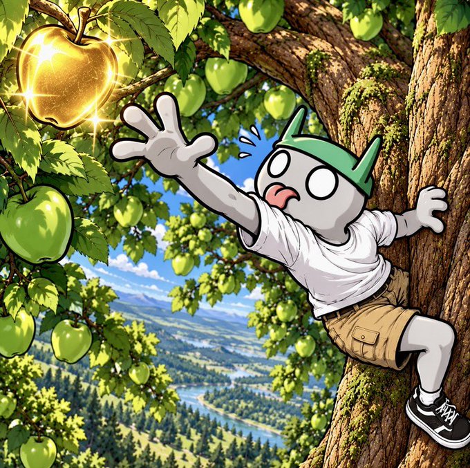 An anime-style illustration of a shocked white character with a green crown hat reaching desperately toward a glowing golden apple hanging from a tree filled with green apples.