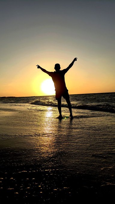 A silhouetted figure stands with arms raised in triumph on a beach at sunset, with the golden sun reflecting on the wet sand and ocean waves.