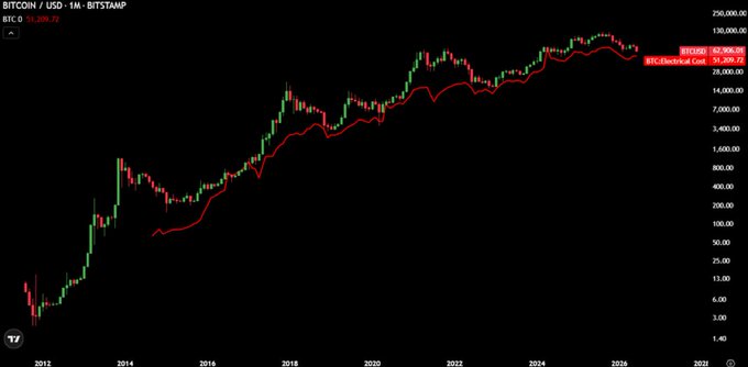 The image shows a black background with a red line that goes up and down, indicating a fluctuating trend over time. The text at the bottom of the image reads "BTC has never fallen below its electrical cost during a bear market year". This suggests that Bitcoin's value has consistently remained above its electrical cost in the past when there was a bear market.