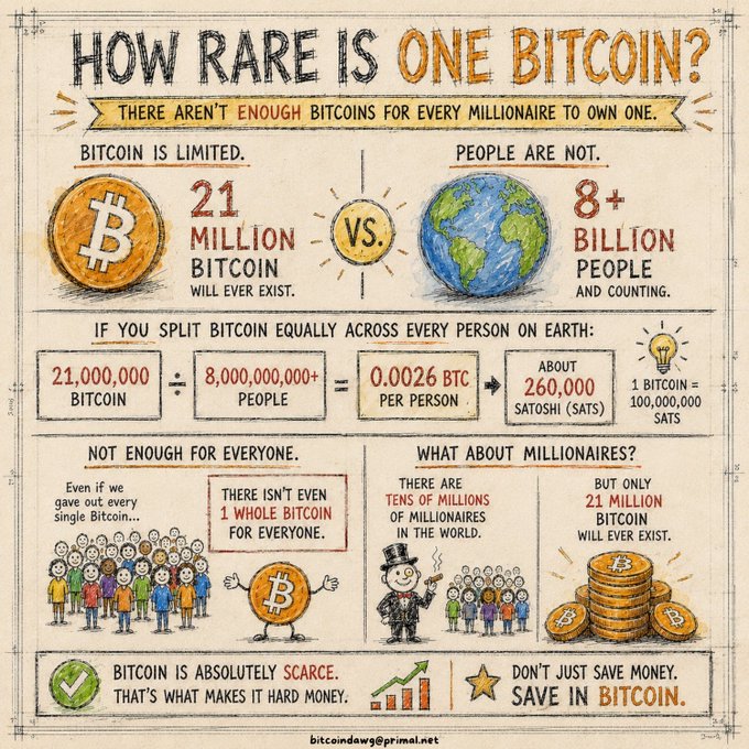 The image is a hand-drawn infographic titled "HOW RARE IS ONE BITCOIN?" explaining Bitcoin's scarcity, noting that only 21 million bitcoins will ever exist versus 8+ billion people, meaning each person would get just 0.0026 BTC (260,000 satoshis), with the bottom encouraging viewers to "SAVE IN BITCOIN" rather than traditional money. It relates to the "STUDY #BITCOIN" post by illustrating the fundamental scarcity argument often used to promote Bitcoin adoption and education.