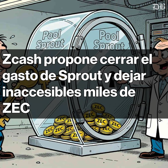 A Spanish-language graphic stating 'Zcash propone cerrar el gasto de Sprout y dejar inaccesibles miles de ZEC' (Zcash proposes to end Sprout spending and leave thousands of ZEC inaccessible), showing a cartoon safe labeled 'Pool Sprout' filled with ZEC coins.