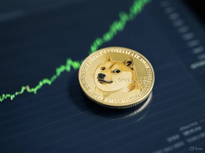A physical Dogecoin (DOGE) coin resting on a digital chart displaying an upward green price trend line.