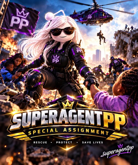 An anime-style promotional poster for 'SUPERAGENT PP: SPECIAL ASSIGNMENT' featuring a female agent in tactical purple and black attire rescuing children, with a helicopter in the background and text reading 'RESCUE · PROTECT · SAVE LIVES'.