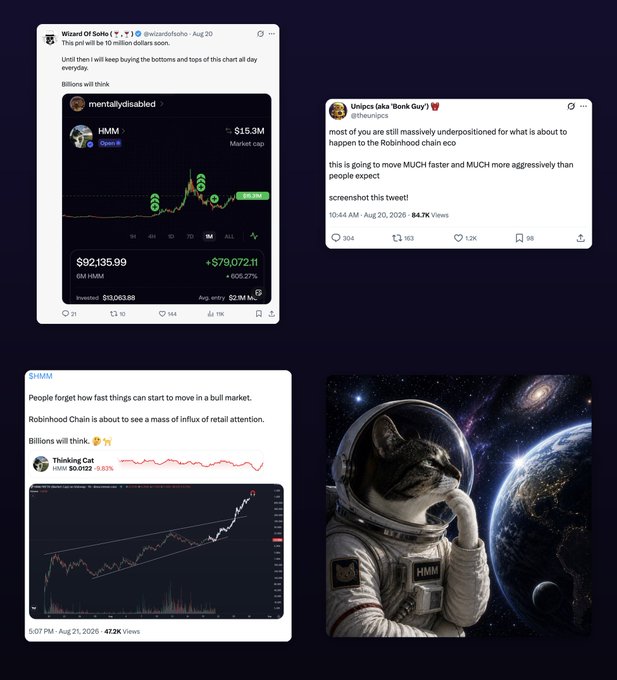 The image is a collage of three crypto Twitter posts and a meme of a cat in a spacesuit, all centered around the $HMM token and its listing on Robinhood Crypto. The tweets feature bullish commentary from @wizardofsoho, @theunipcs (Bonk Guy), and @SHMM about $HMM's market cap reaching $15.3M with 605% gains, while the "Thinking Cat" meme reinforces the playful feline theme—directly tying into the post's reference to "Thinking Cat" ($HMM) being shared by influential crypto figures on Robinhood.