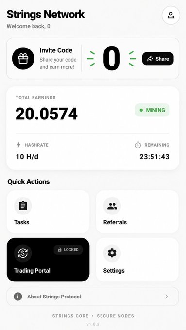 A screenshot of the Strings Network mobile mining app dashboard displays 20.0574 total earnings, a hashrate of 10 H/d, and a mining countdown of 23:51:43, with quick action options for Tasks, Referrals, Trading Portal (locked), and Settings.