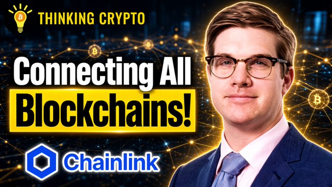 A YouTube thumbnail titled "THINKING CRYPTO: Connecting All Blockchains!" featuring a man in glasses and a suit alongside the Chainlink logo.