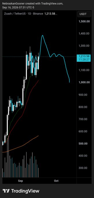 A TradingView chart shows Zcash (ZEC) on Binance against USDT, with the price peaking near $1,400 in mid-September before sharply declining to $1,213.58, overlaid with hand-drawn blue squiggles that track the actual price action — illustrating the post's commentary on the uncanny resemblance between the doodled line and ZEC's real market movement.