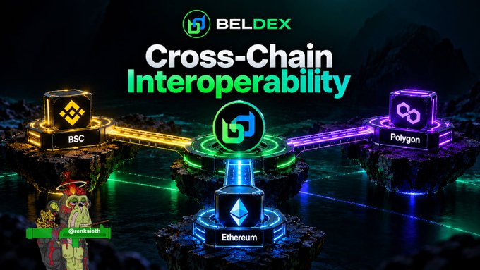 A promotional graphic for BELDEX cryptocurrency showcasing 'Cross-Chain Interoperability' with logos for BSC, Polygon, and Ethereum connected to a central BELDEX hub.