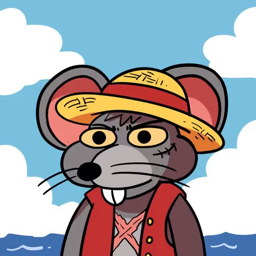 A cartoon gray mouse character wearing a yellow straw hat and red vest stands against a blue sky with clouds, with a stitched scar on its face.
