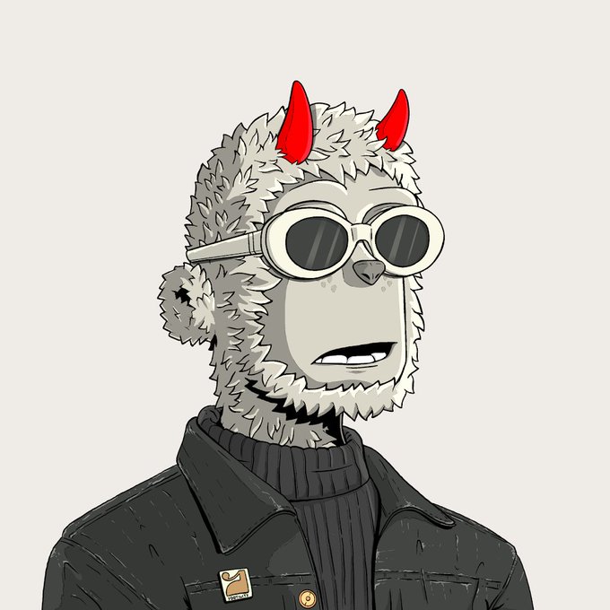 Digital illustration of a character with a fuzzy white/textured head, red devil horns, oval sunglasses, and a black turtleneck under a dark jacket, with a small pin on the lapel.